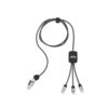 Câble de charge personnalisé lumineux 60W avec logo LED, connecteurs USB-C et Lightning et cordons en rPET recyclé. Un goodies high-tech original.
